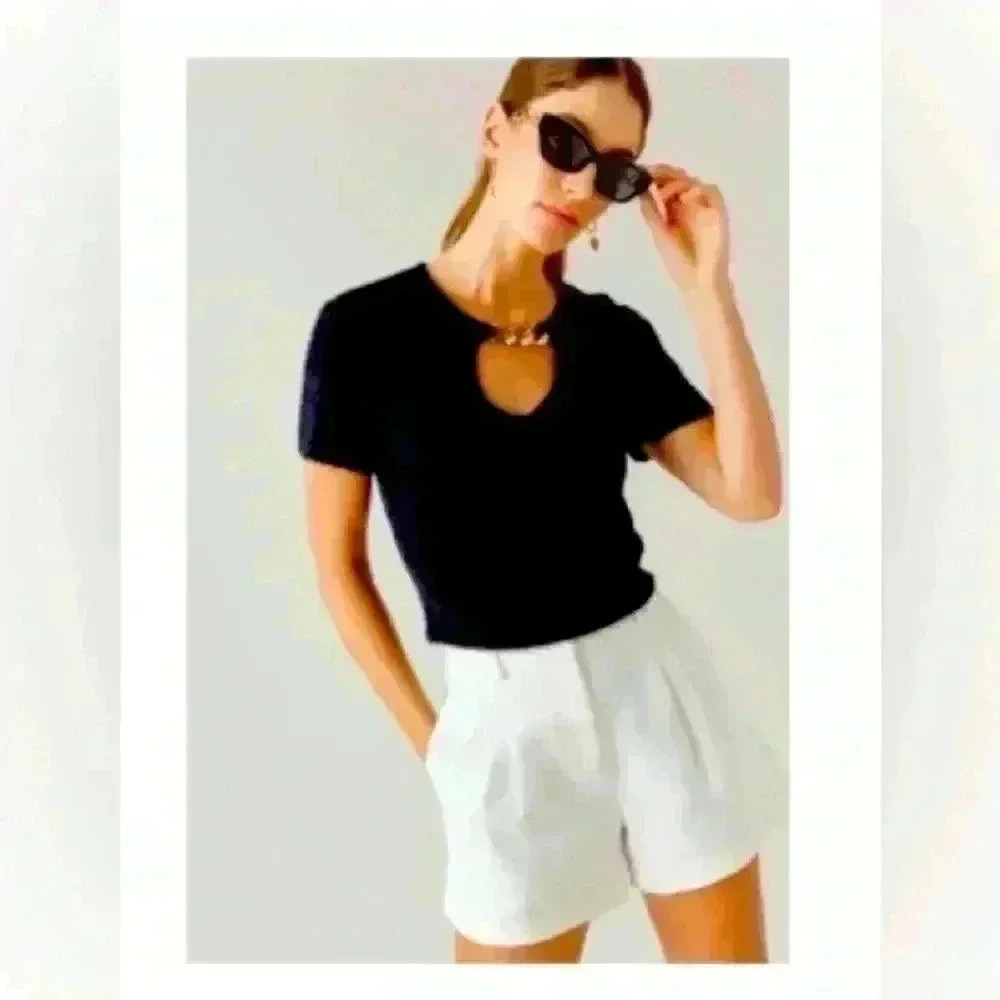 Alina Fuzzy Keyhole Sweater Tee with Gold Embellishment